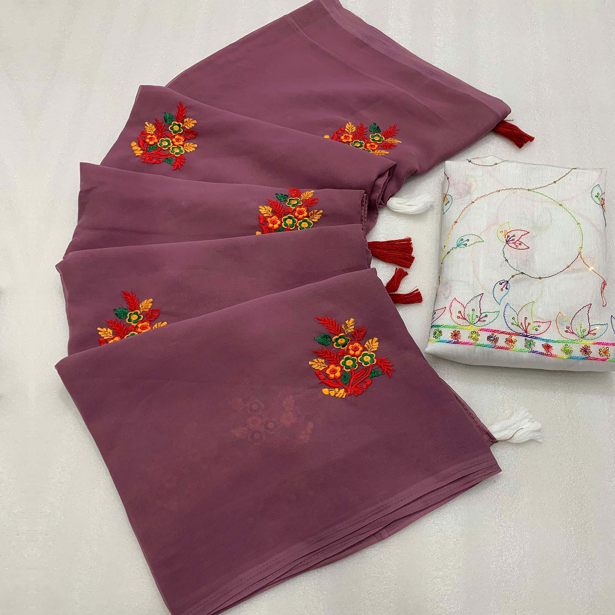 Mauve Floral Embroidered Georgette Saree