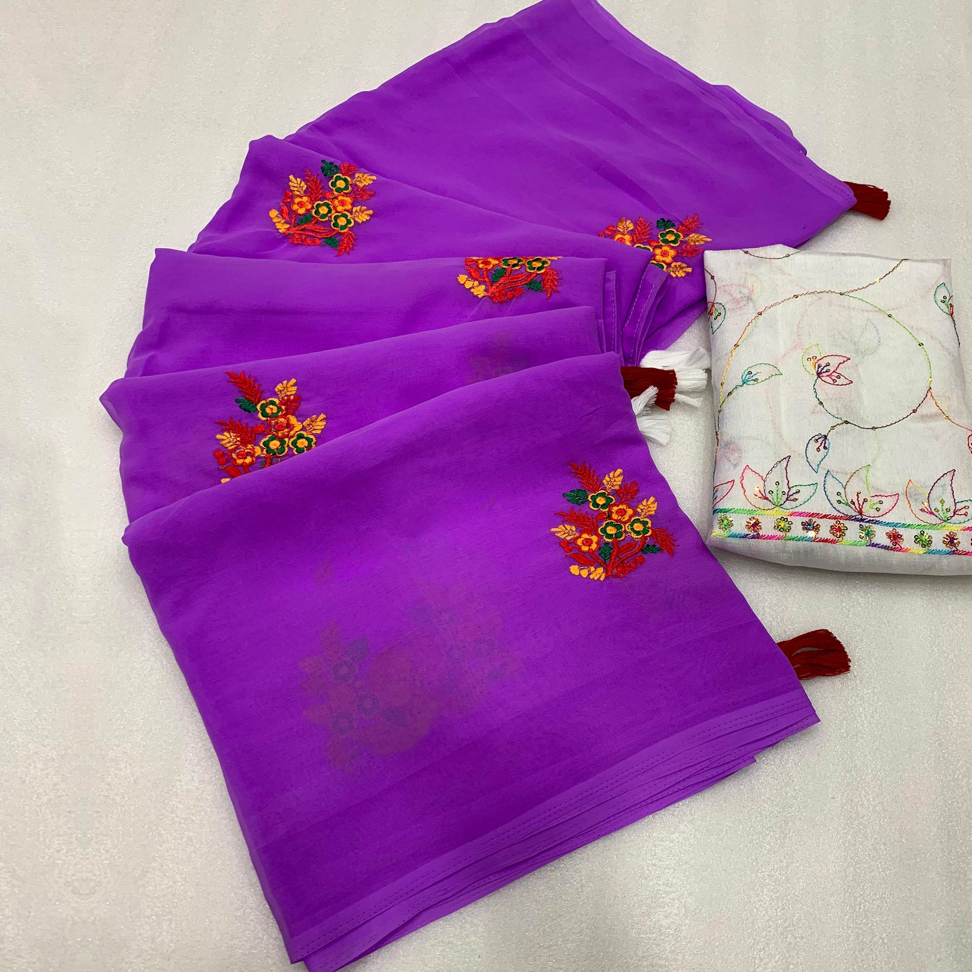 Purple Floral Embroidered Georgette Saree