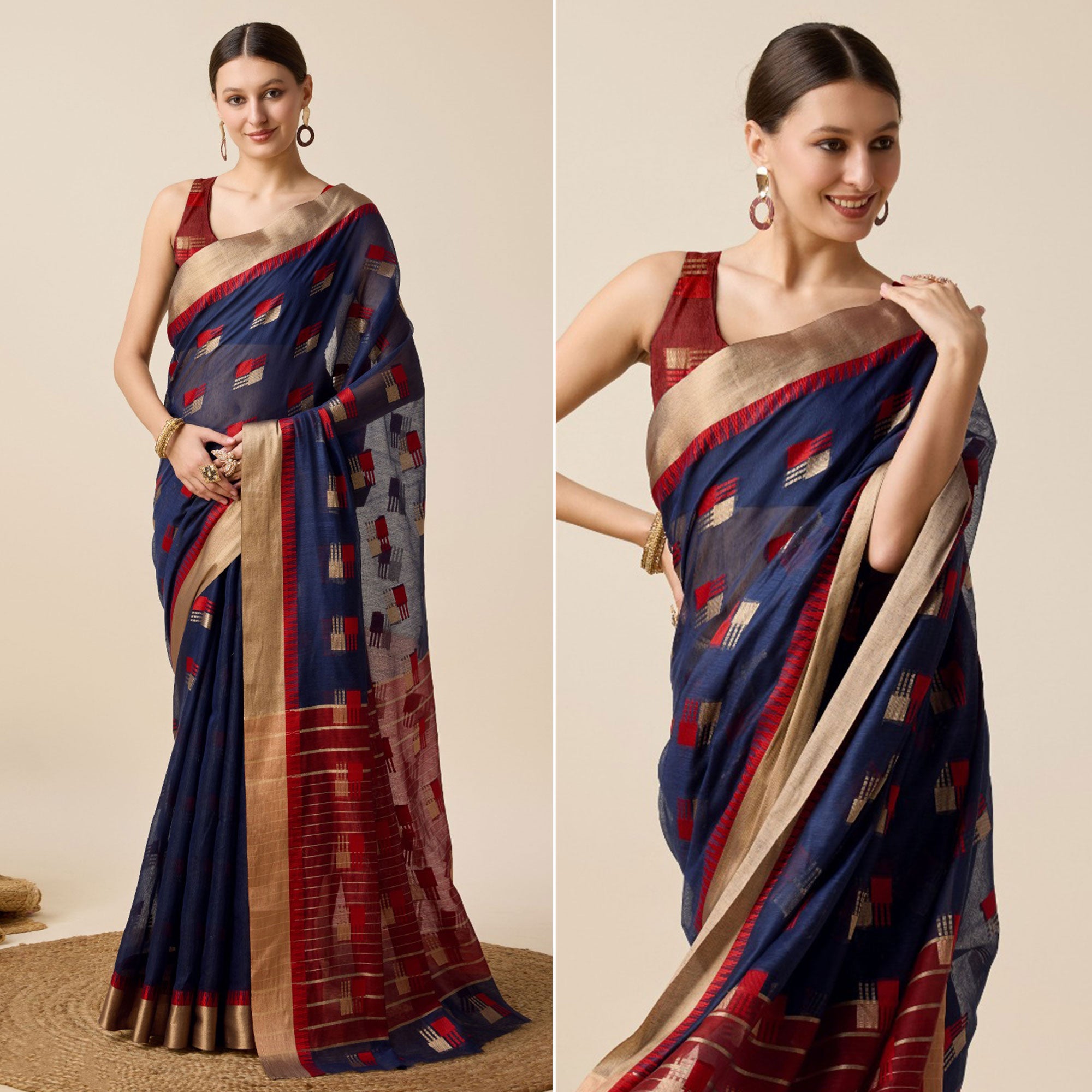 Navy Blue Zari Woven Cotton Silk Saree