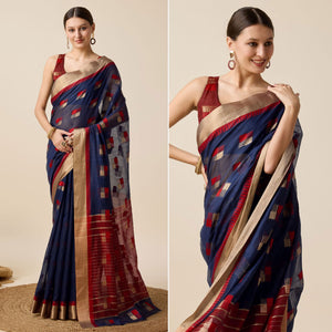 Navy Blue Zari Woven Cotton Silk Saree