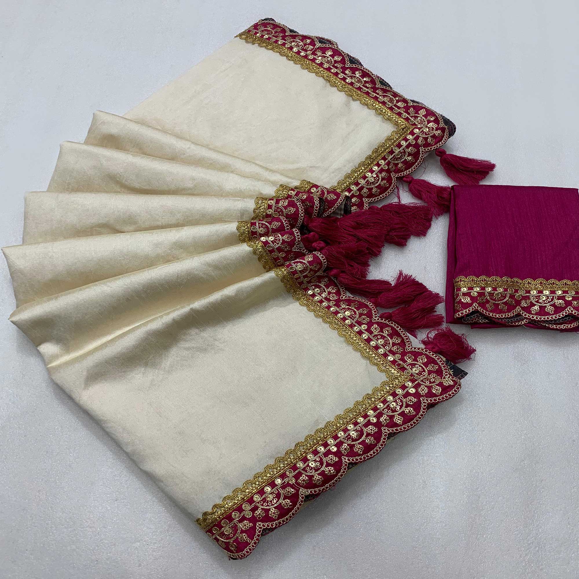 Cream & Rani Pink Solid Art Silk Saree With Sequins Embroidered Border