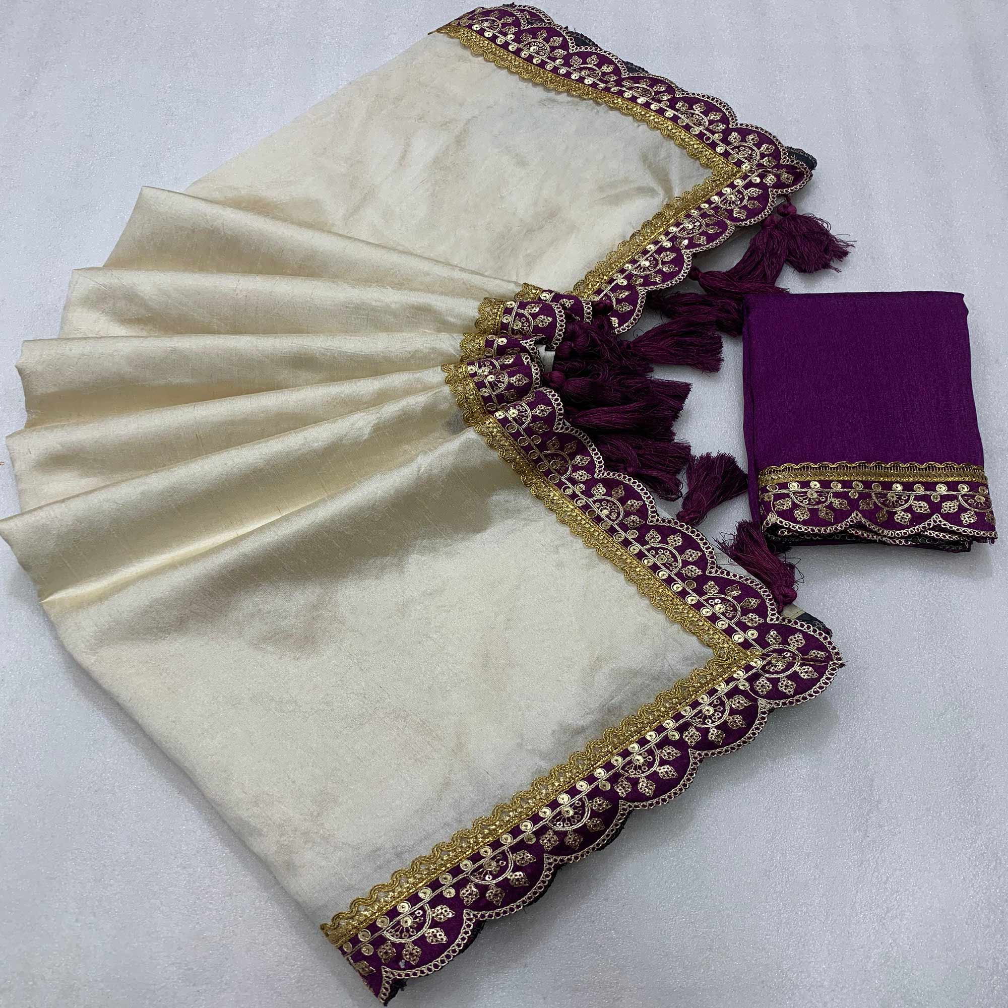 Cream & Wine Solid Art Silk Saree With Sequins Embroidered Border