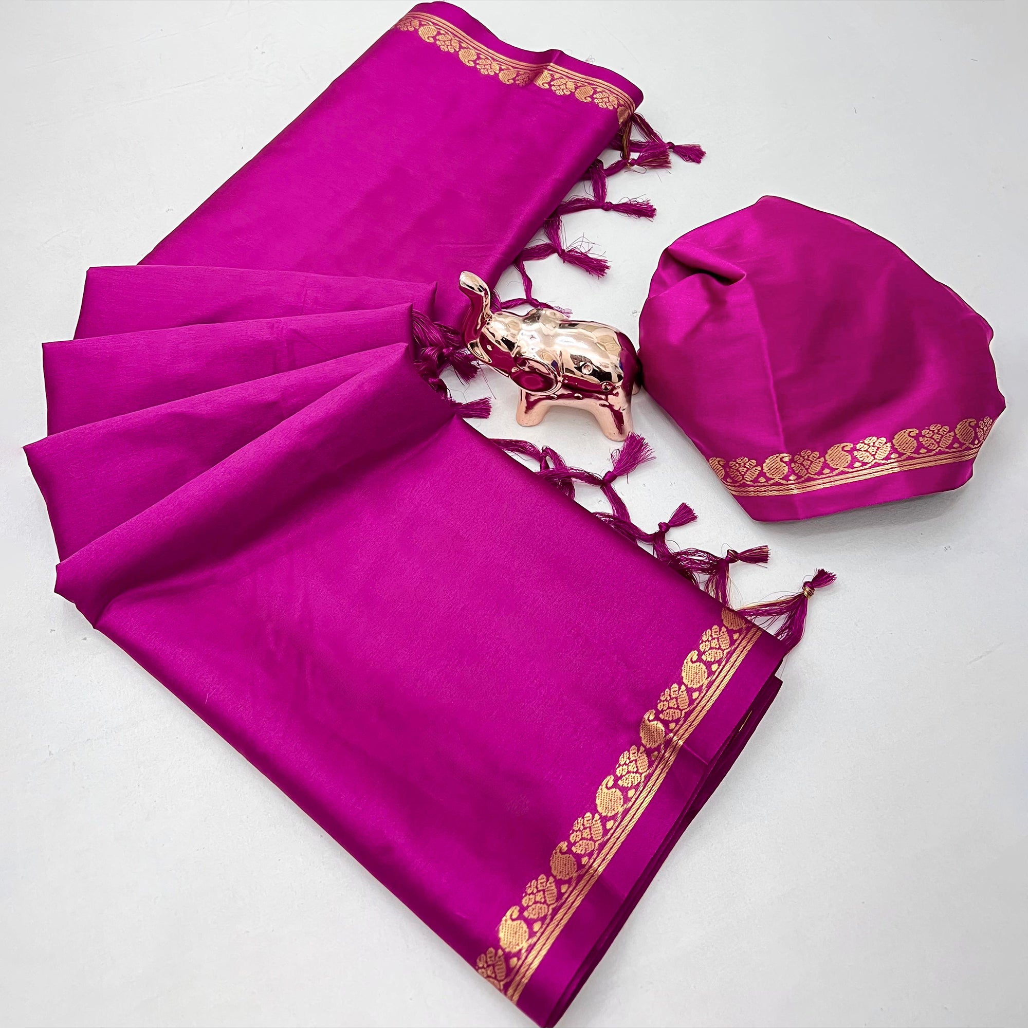 Classic Magenta Solid Weaving Mysore Silk Saree Accented With Floral Border & Tassel Pallu