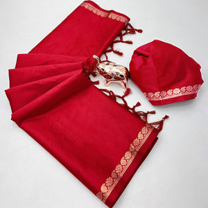 Classic Maroon Solid Weaving Mysore Silk Saree Accented With Floral Border & Tassel Pallu