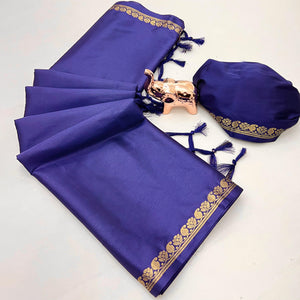 Classic Navy Blue Solid Weaving Mysore Silk Saree Accented With Floral Border & Tassel Pallu