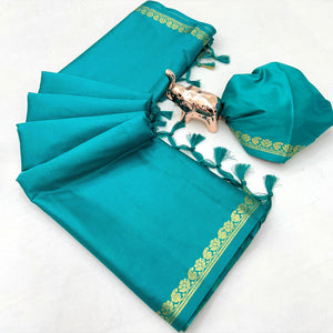 Classic Rama Green Solid Weaving Mysore Silk Saree Accented With Floral Border & Tassel Pallu