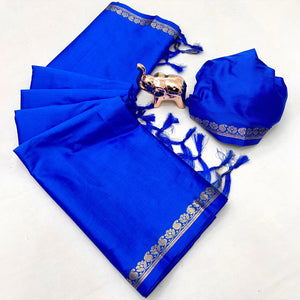 Classic Royal Blue Solid Weaving Mysore Silk Saree Accented With Floral Border & Tassel Pallu