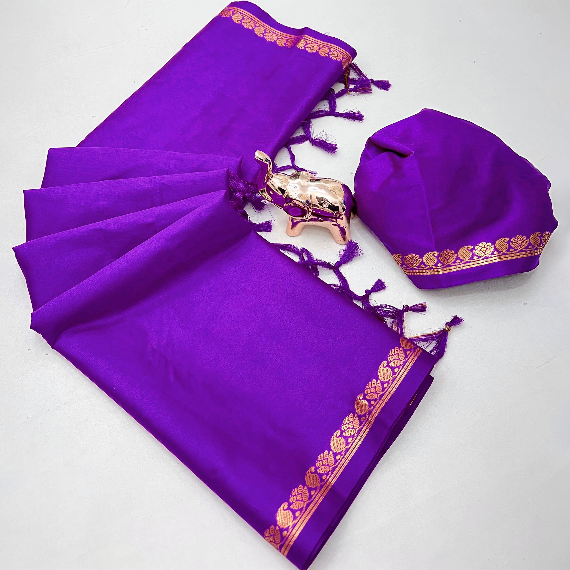 Classic Violet Solid Weaving Mysore Silk Saree Accented With Floral Border & Tassel Pallu