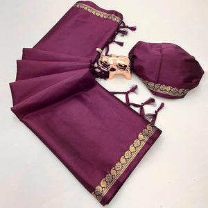 Classic Wine Solid Weaving Mysore Silk Saree Accented With Floral Border & Tassel Pallu