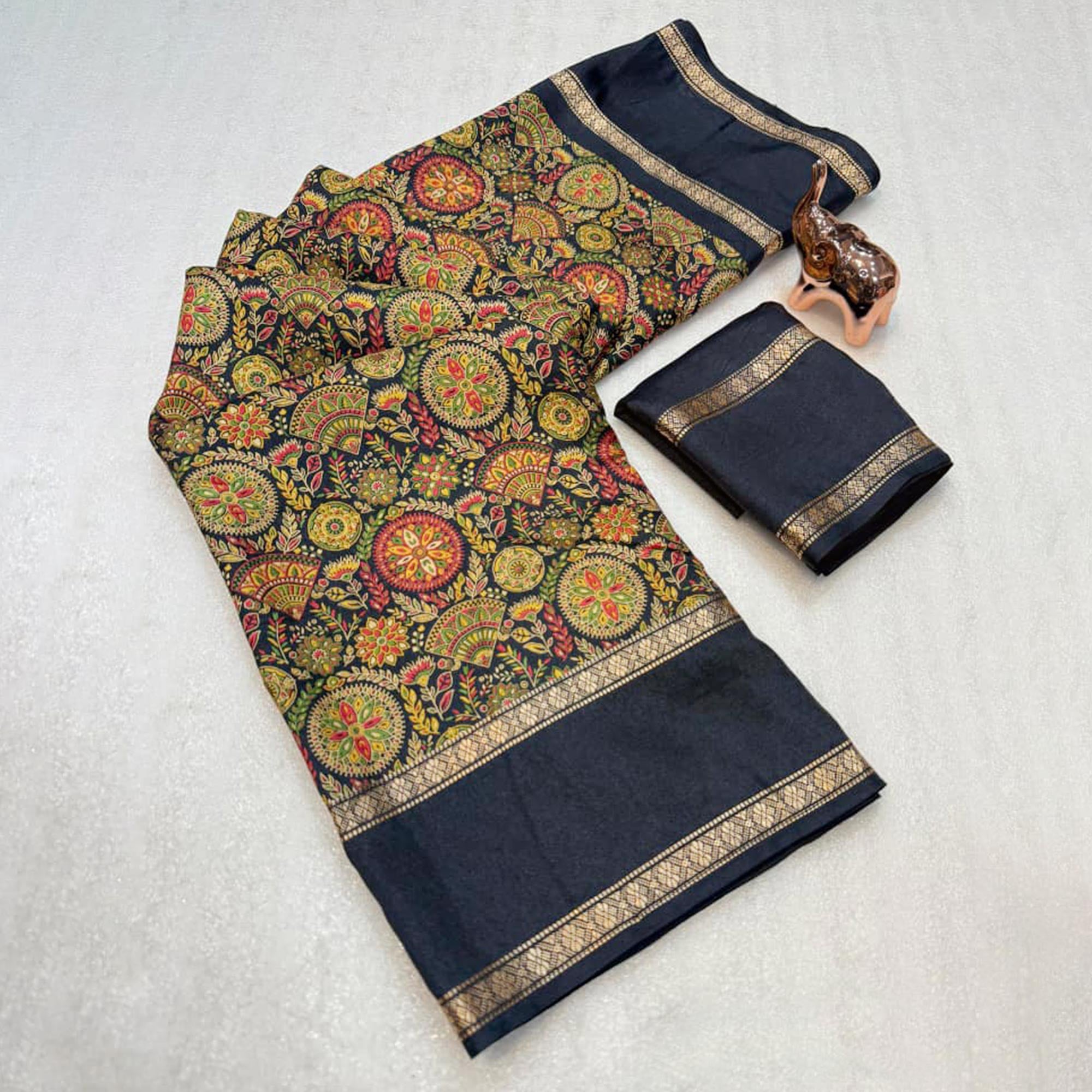 Black Floral Print Saree in Pure Soft Silk Blend Fabric for Timeless Grace