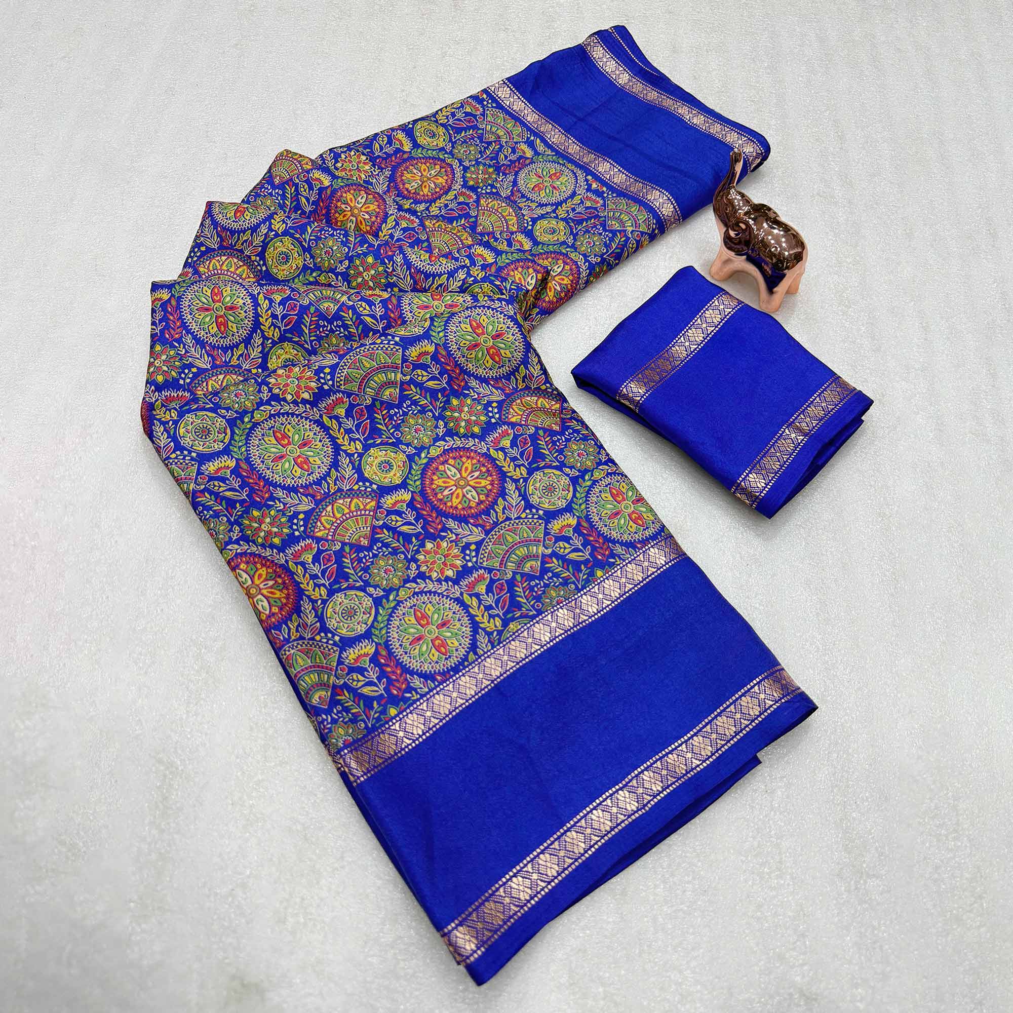 Blue Floral Print Saree in Pure Soft Silk Blend Fabric for Timeless Grace