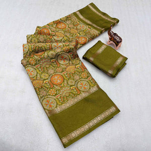 Green Floral Print Saree in Pure Soft Silk Blend Fabric for Timeless Grace