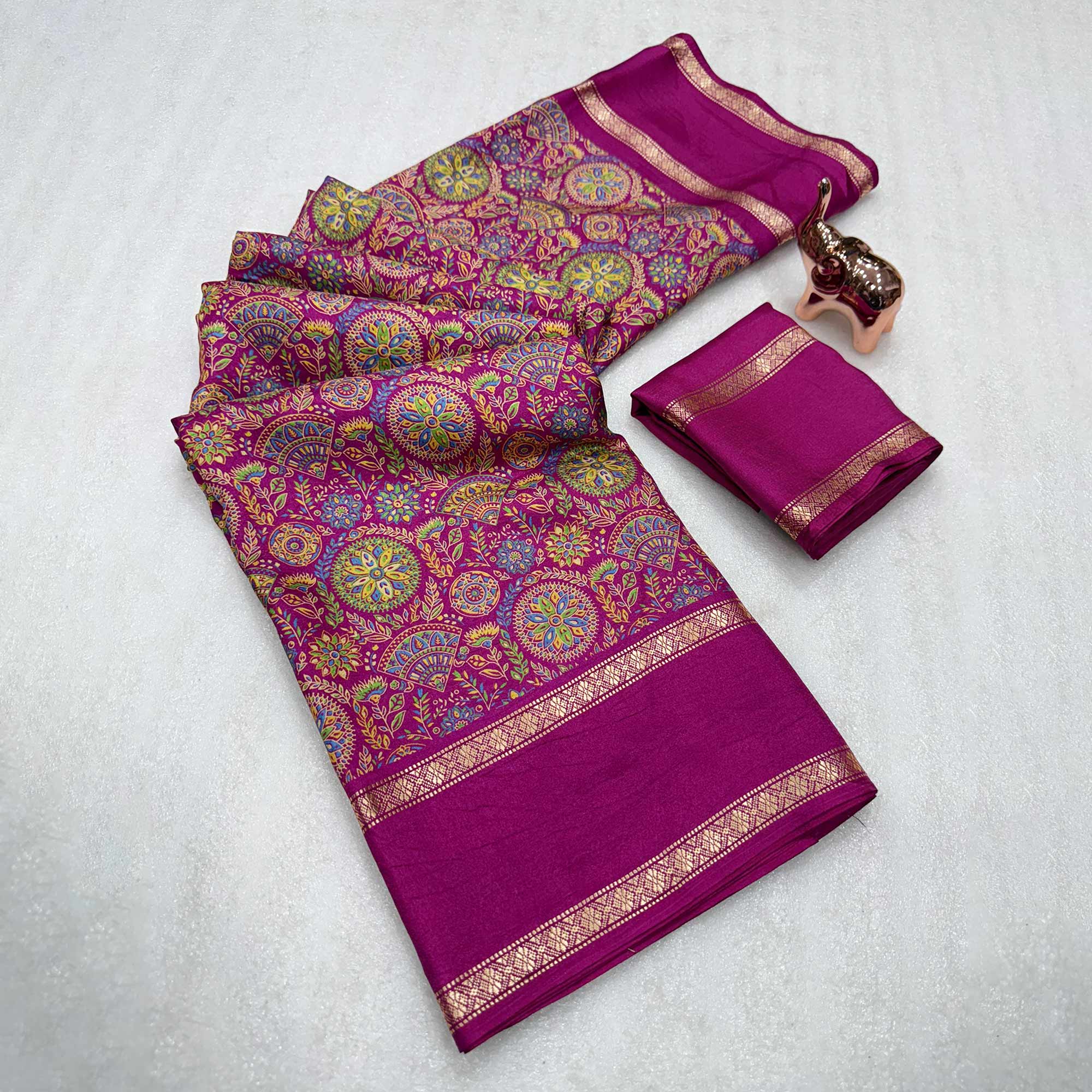 Magenta Floral Print Saree in Pure Soft Silk Blend Fabric for Timeless Grace