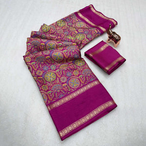 Magenta Floral Print Saree in Pure Soft Silk Blend Fabric for Timeless Grace