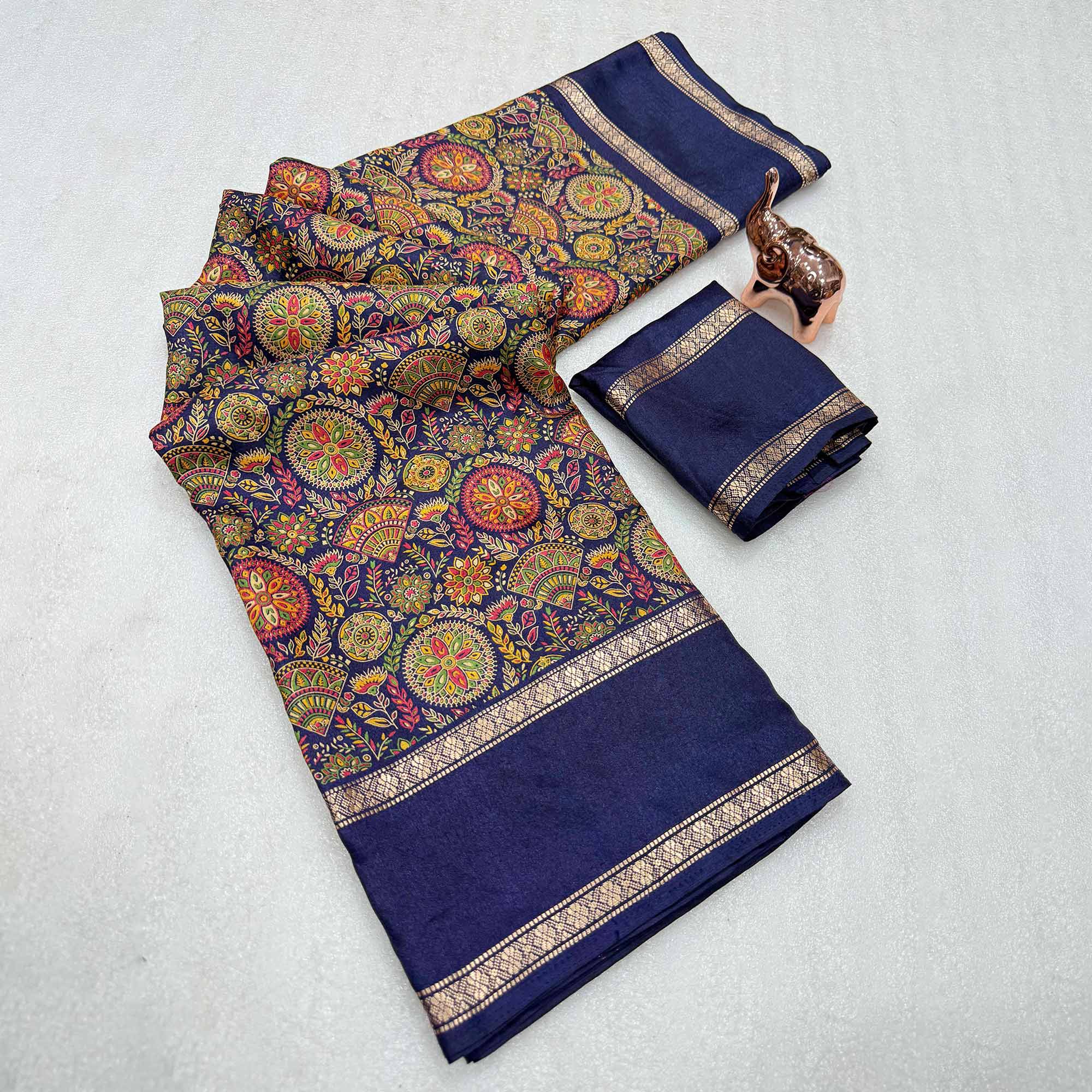 Navy Blue Floral Print Saree in Pure Soft Silk Blend Fabric for Timeless Grace