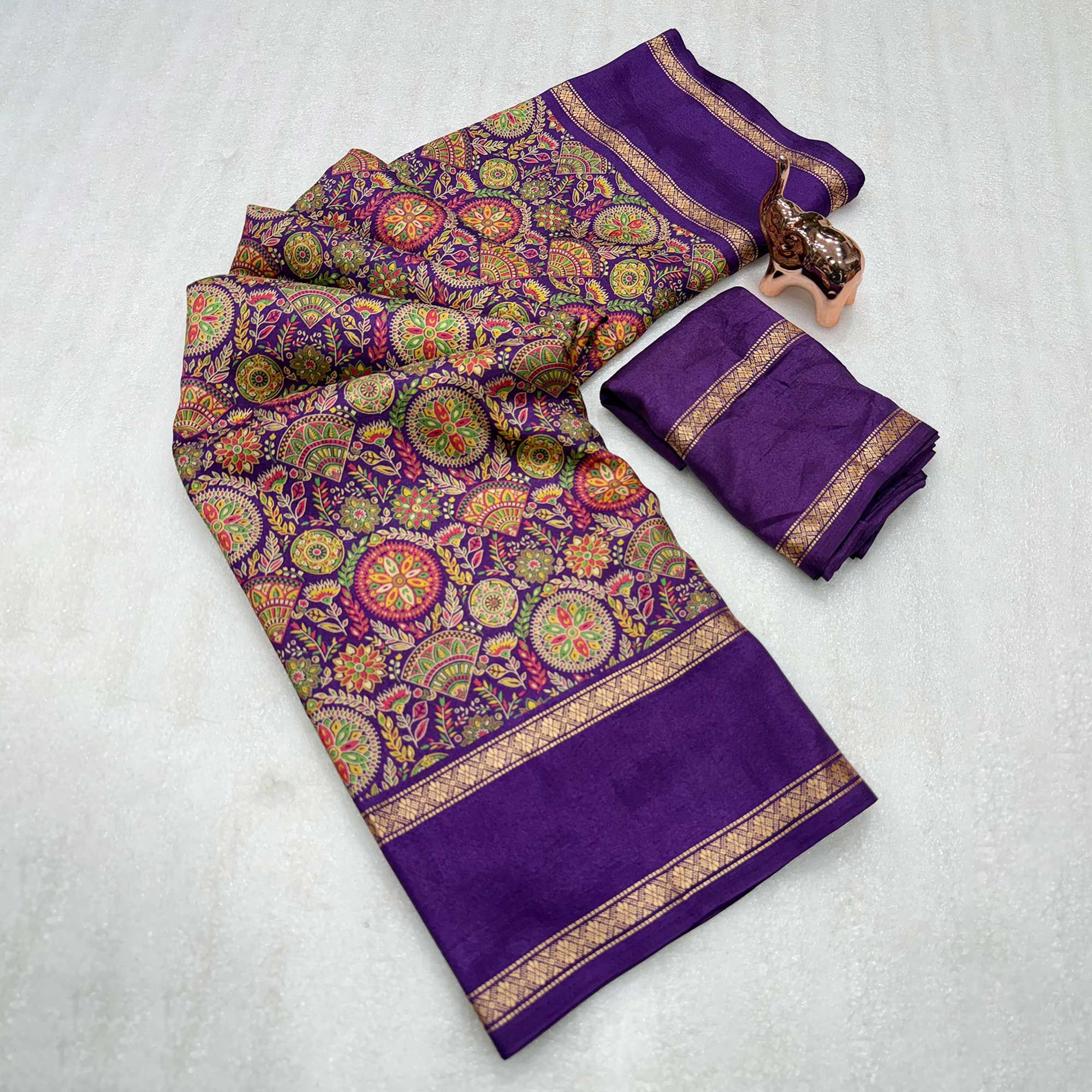 Purple Floral Print Saree in Pure Soft Silk Blend Fabric for Timeless Grace