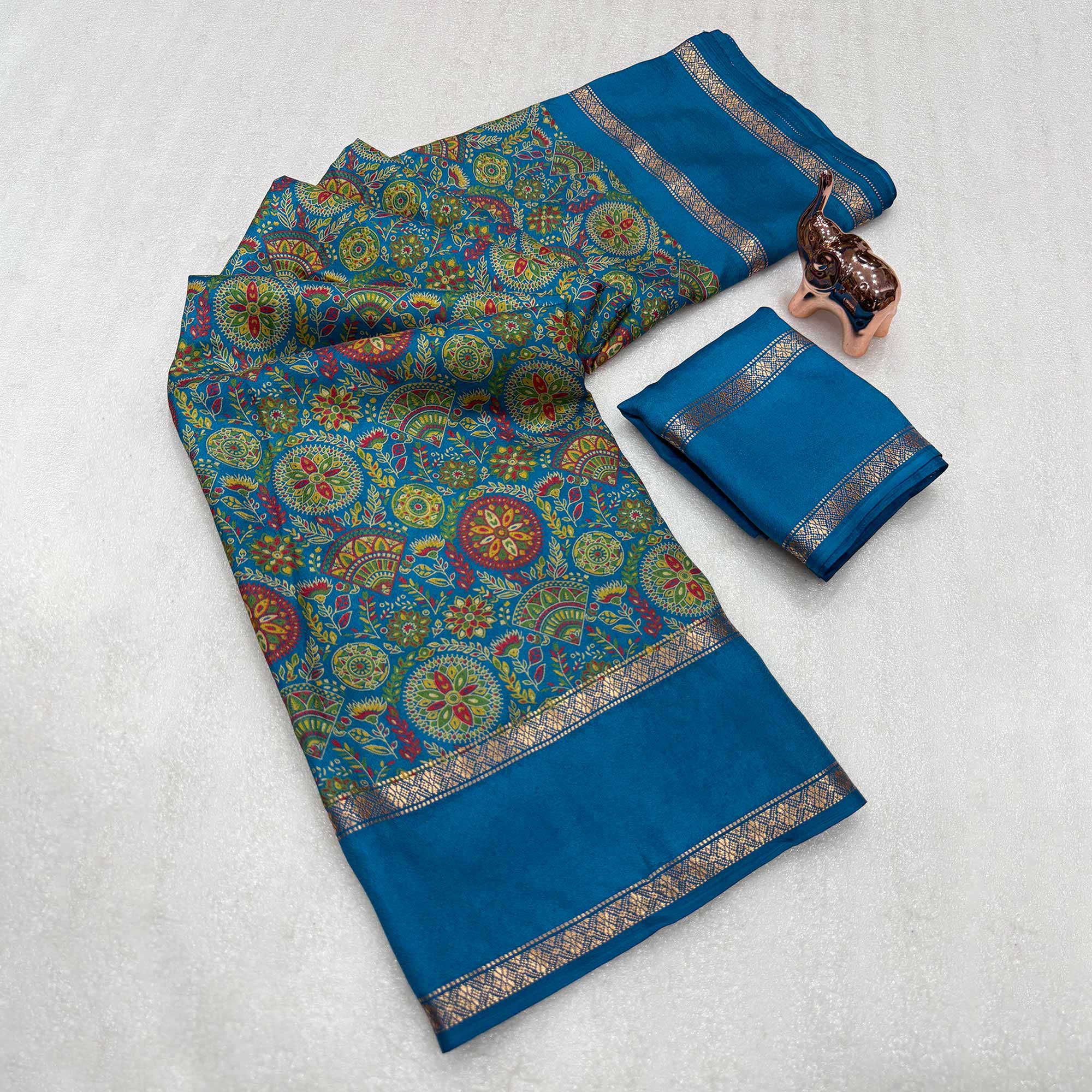 Teal Floral Print Saree in Pure Soft Silk Blend Fabric for Timeless Grace