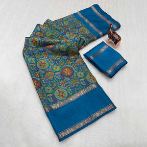Teal Floral Print Saree in Pure Soft Silk Blend Fabric for Timeless Grace