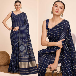 Blue Bandhani Printed Cotton Silk Saree