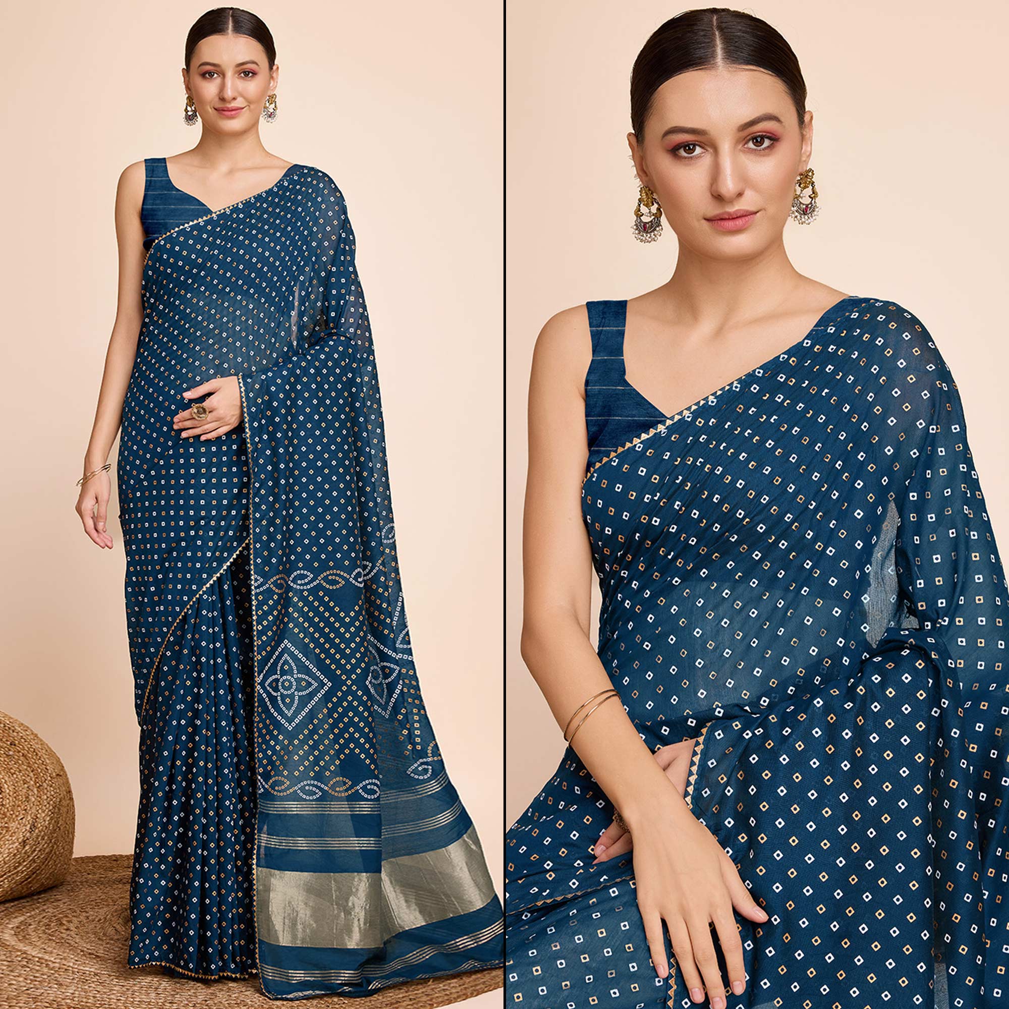 Teal Bandhani Printed Cotton Silk Saree