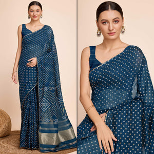 Teal Bandhani Printed Cotton Silk Saree