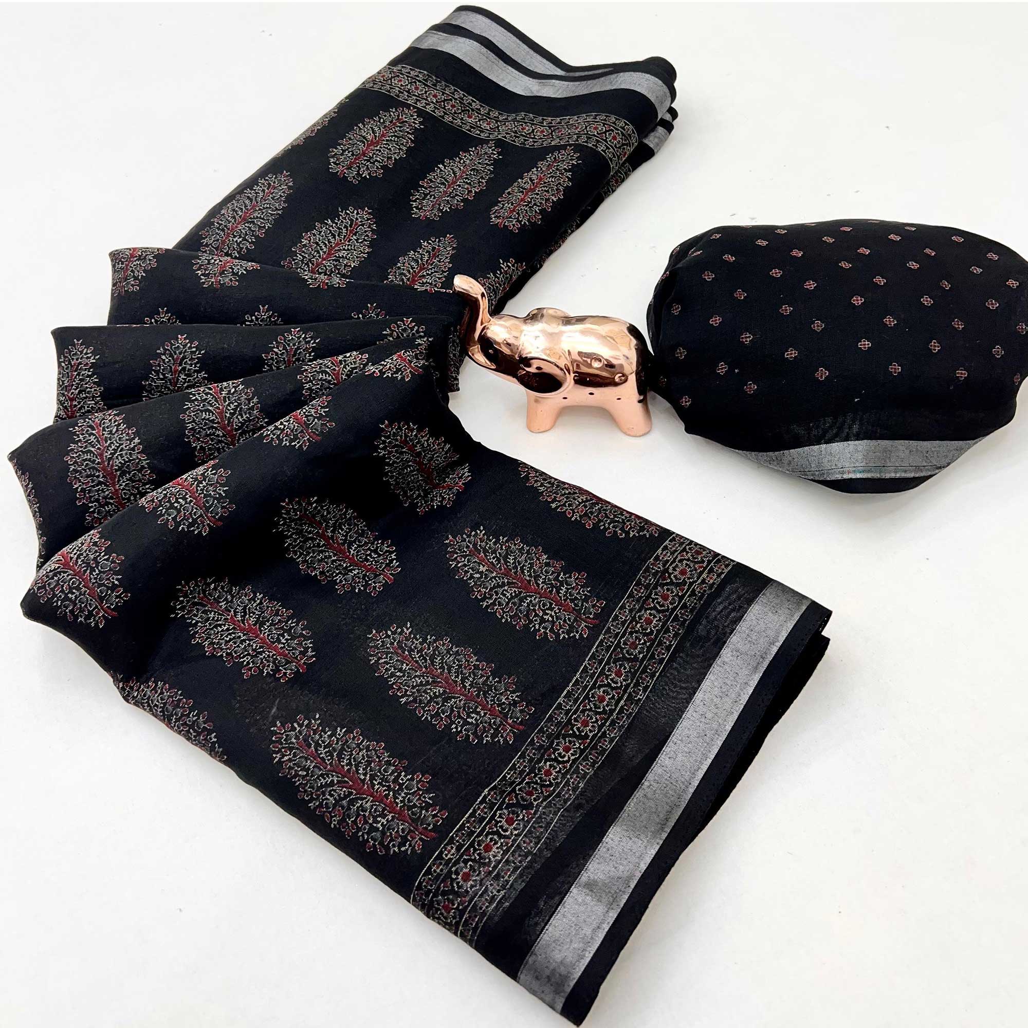 Classic Black Linen Cotton Saree Featuring Floral Ajrakh Print & Rich Silver Zari Border