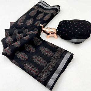 Classic Black Linen Cotton Saree Featuring Floral Ajrakh Print & Rich Silver Zari Border