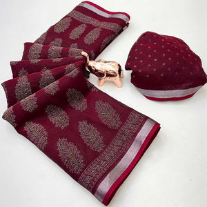 Classic Maroon Linen Cotton Saree Featuring Floral Ajrakh Print & Rich Silver Zari Border