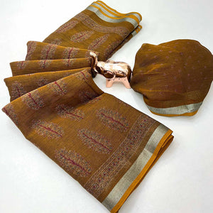 Classic Mustard Linen Cotton Saree Featuring Floral Ajrakh Print & Rich Silver Zari Border