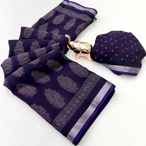 Classic Purple Linen Cotton Saree Featuring Floral Ajrakh Print & Rich Silver Zari Border