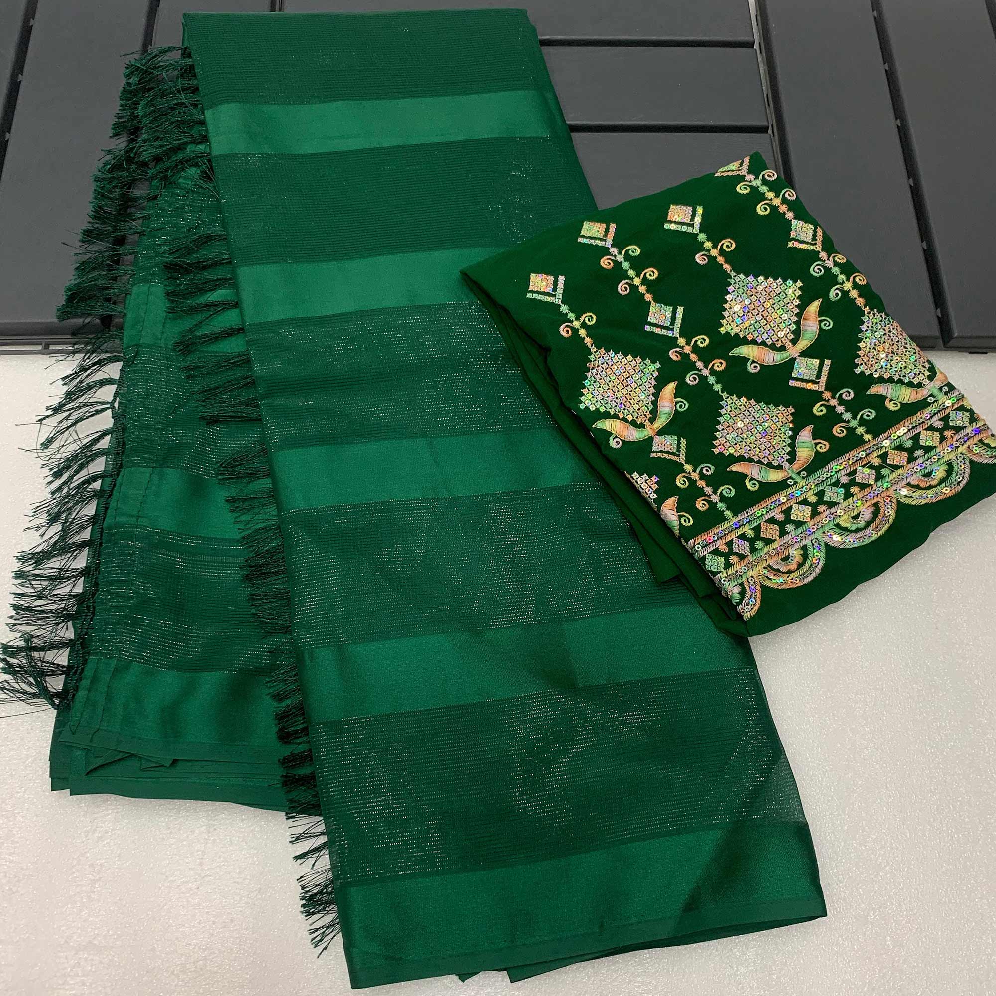 Green Striped Woven Chiffon Silk Saree With Tassels