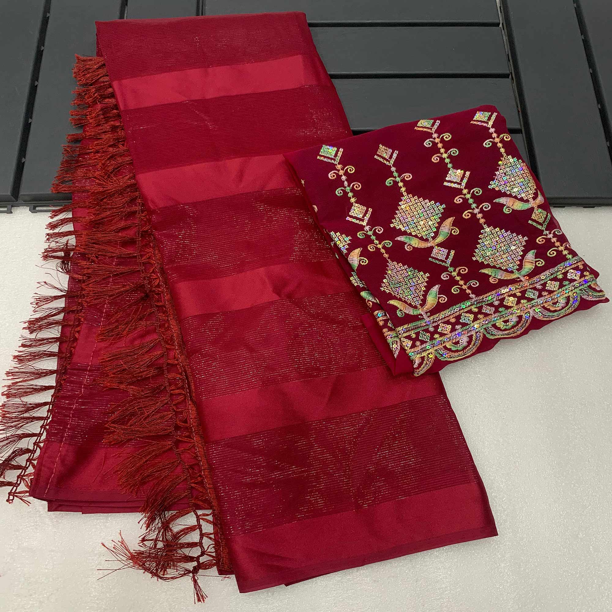 Maroon Striped Woven Chiffon Silk Saree With Tassels