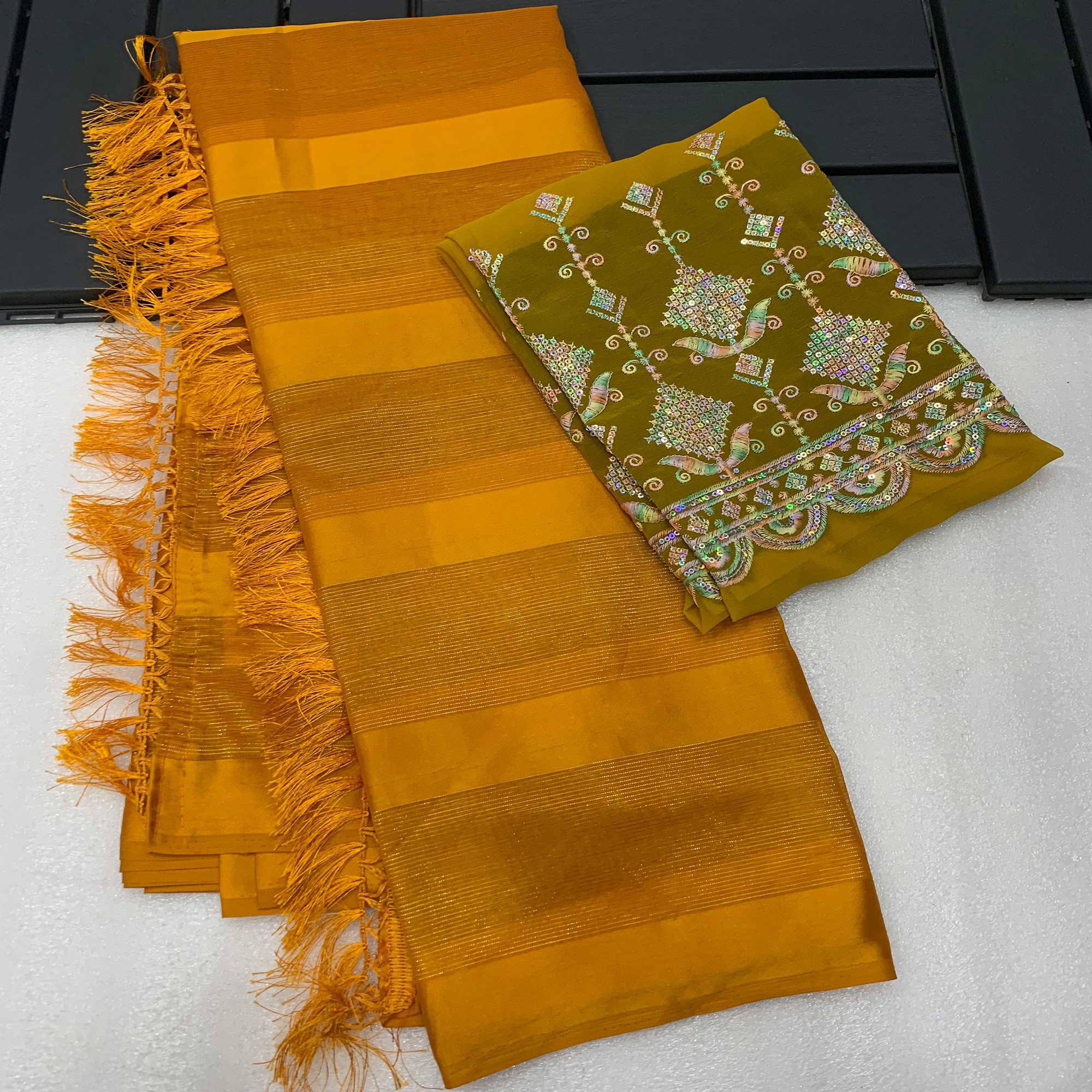 Mustard Striped Woven Chiffon Silk Saree With Tassels