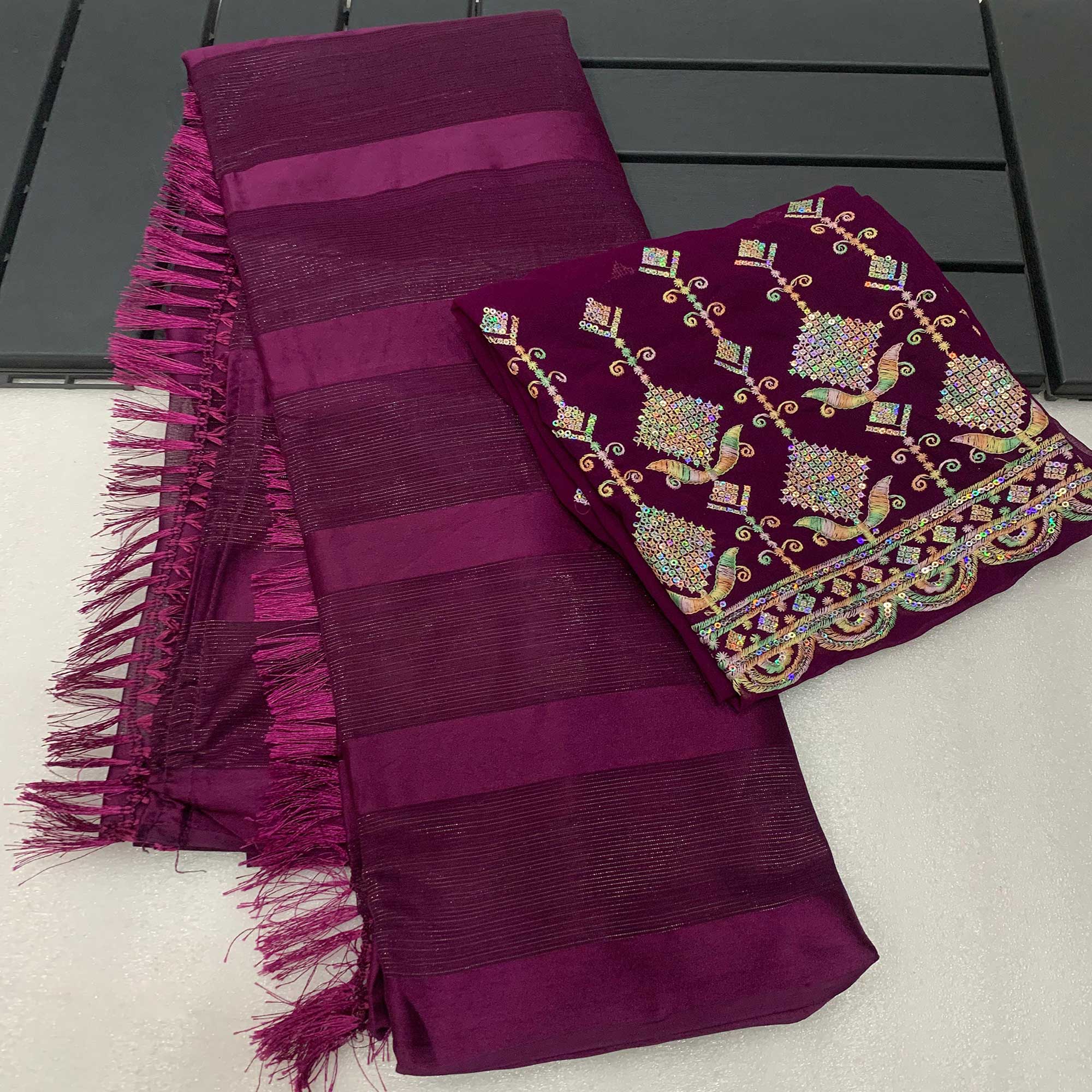 Wine Striped Woven Chiffon Silk Saree With Tassels