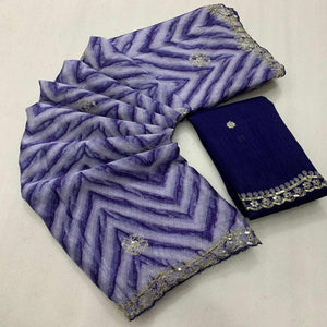 Blue Leheriya Printed With Sequins Embroidered Chinon Saree