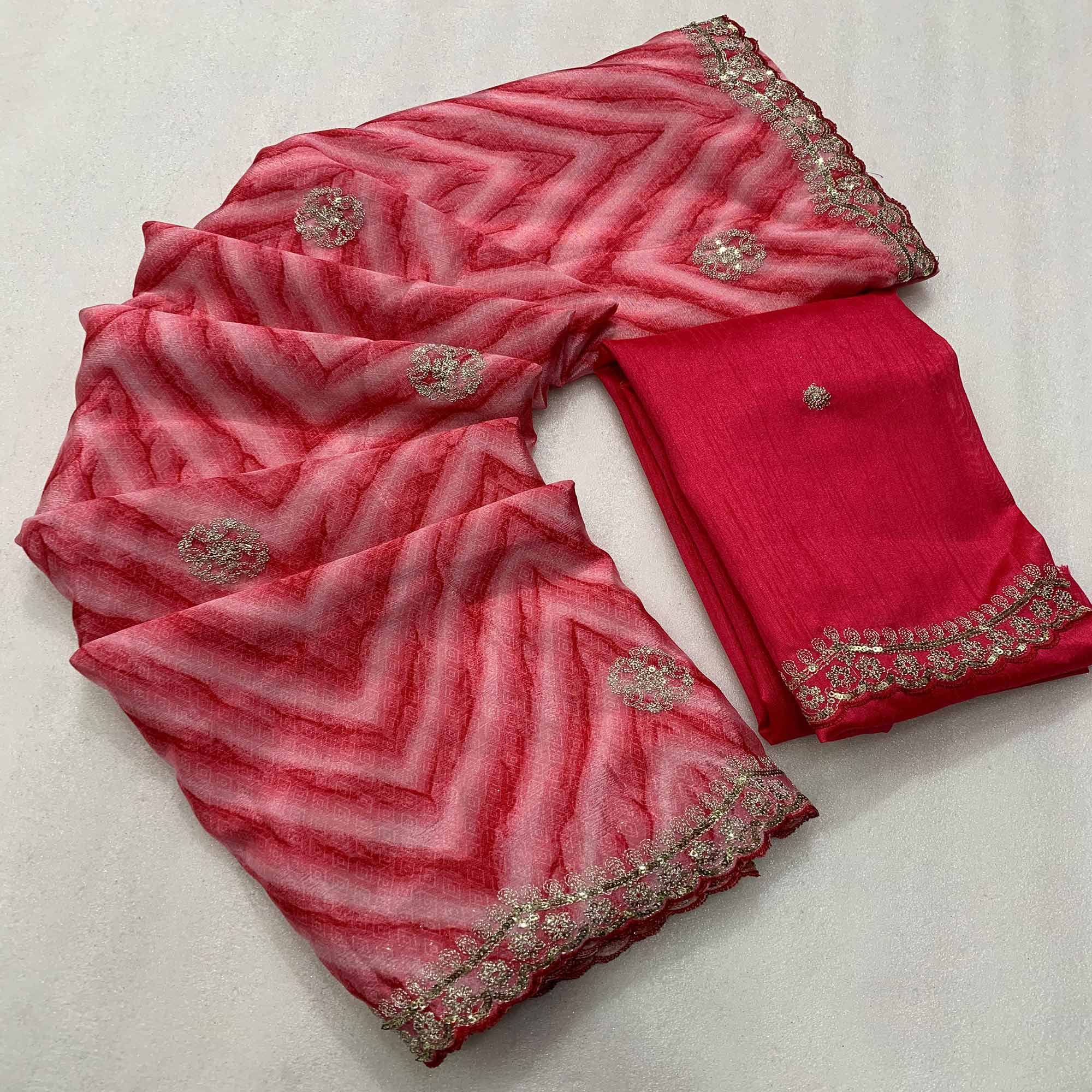 Gajari Pink Leheriya Printed With Sequins Embroidered Chinon Saree