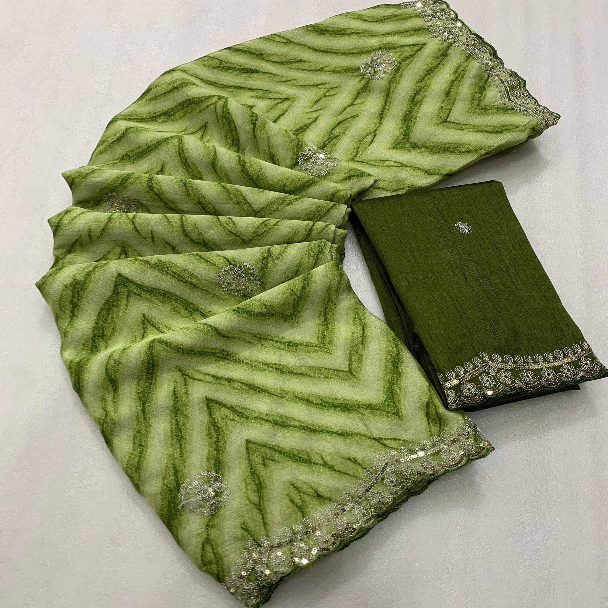 Green Leheriya Printed With Sequins Embroidered Chinon Saree