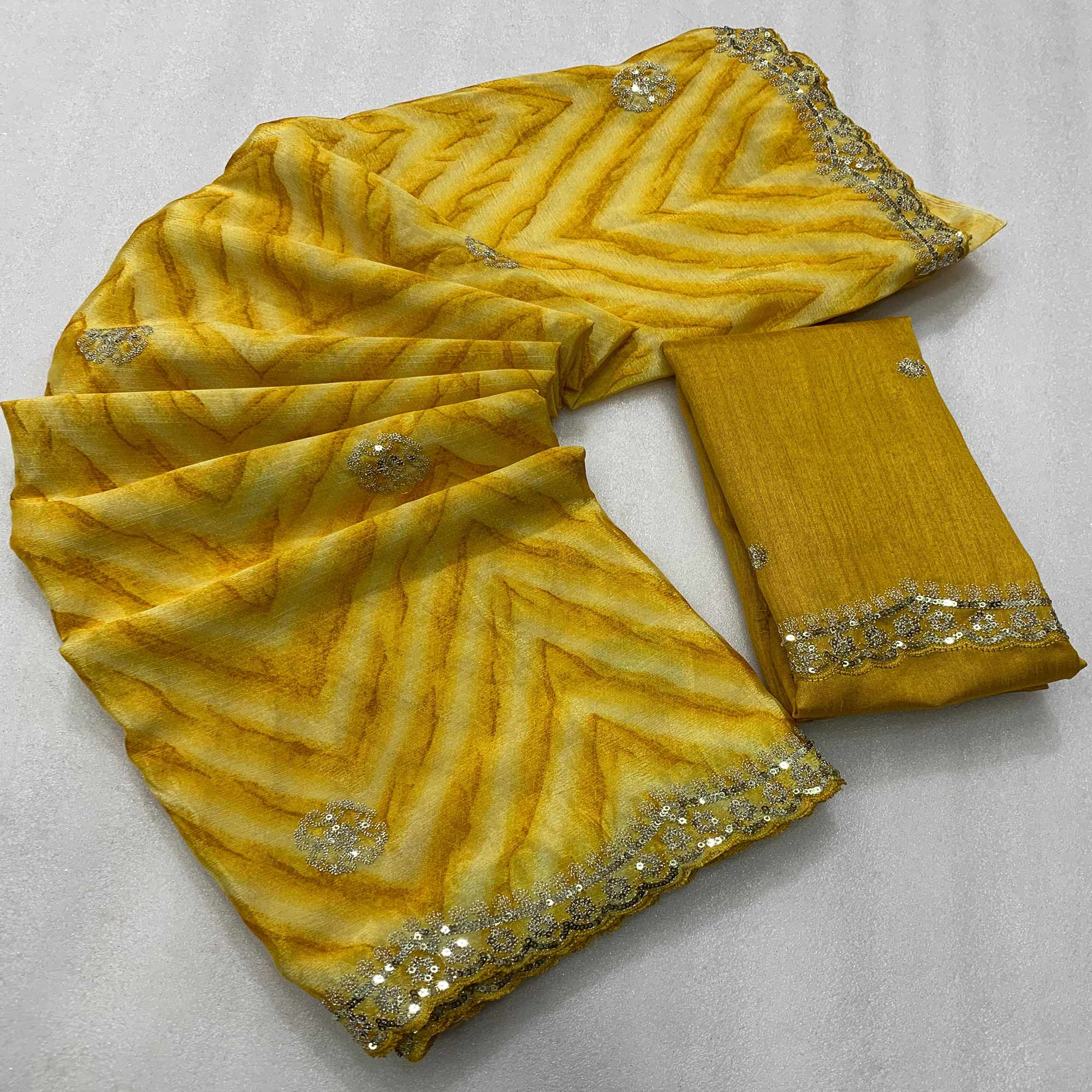 Mustard Leheriya Printed With Sequins Embroidered Chinon Saree