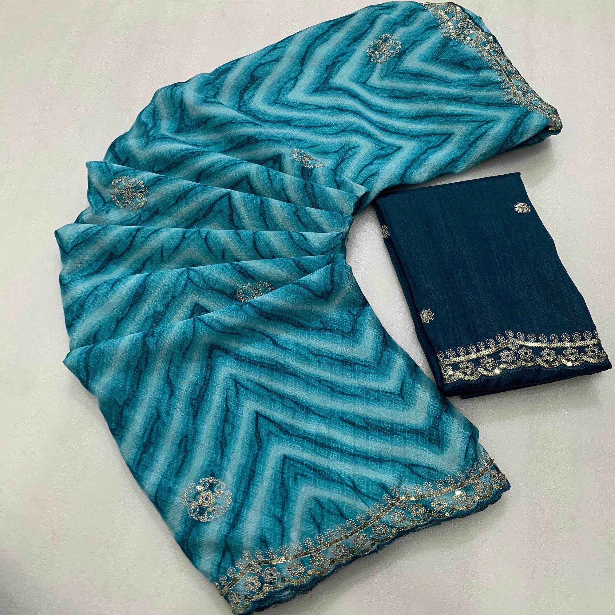 Sky Blue Leheriya Printed With Sequins Embroidered Chinon Saree