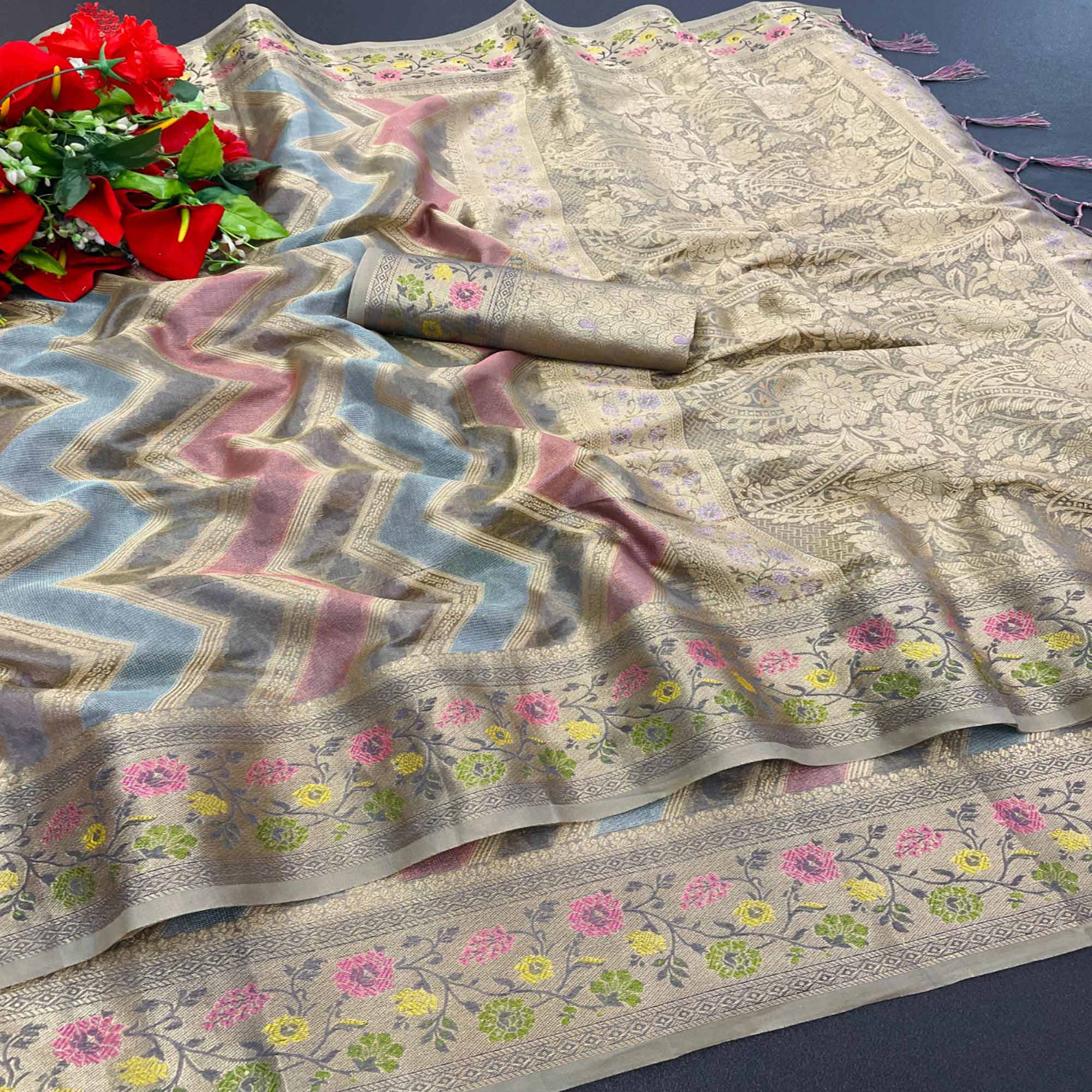 Grey Woven Organza Saree With Tassels