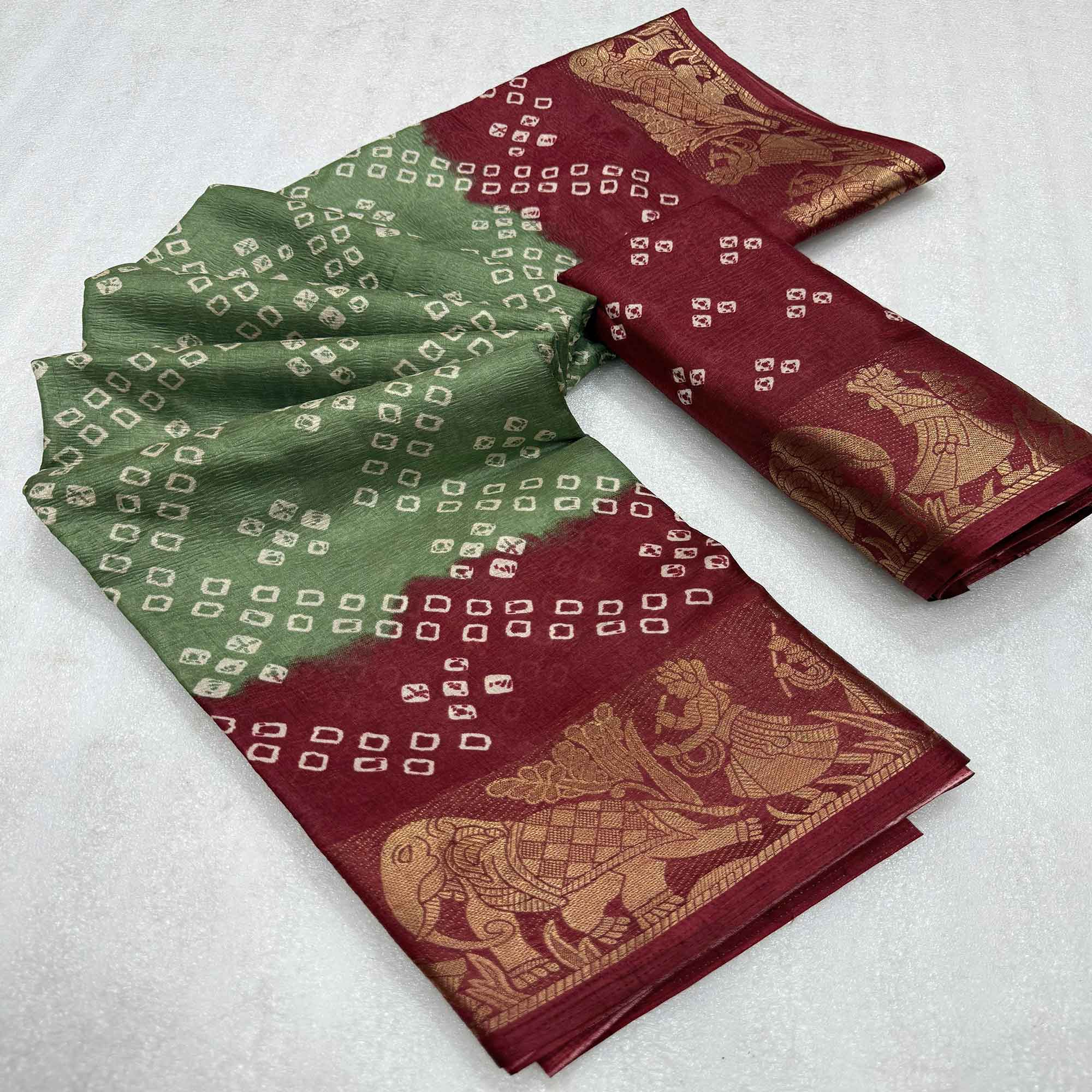 Classic Green & Maroon Bandhani Printed Dola Silk Saree With Weaving Jacquard Border