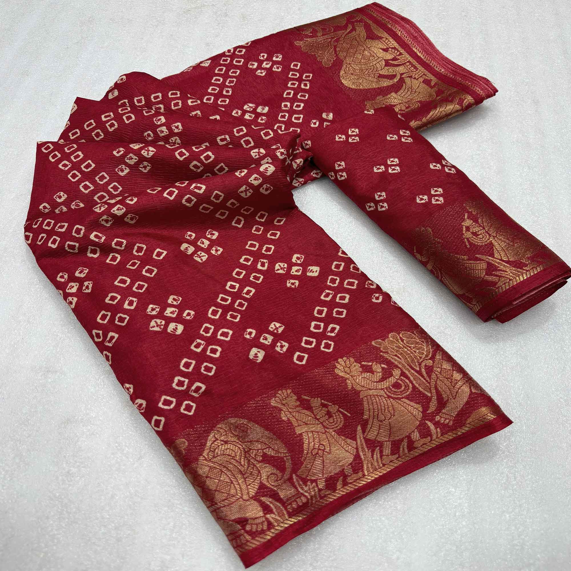 Classic Maroon Bandhani Printed Dola Silk Saree With Weaving Jacquard Border