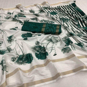 White & Bottle Green Floral Printed Dola Silk Saree With Sequins Border