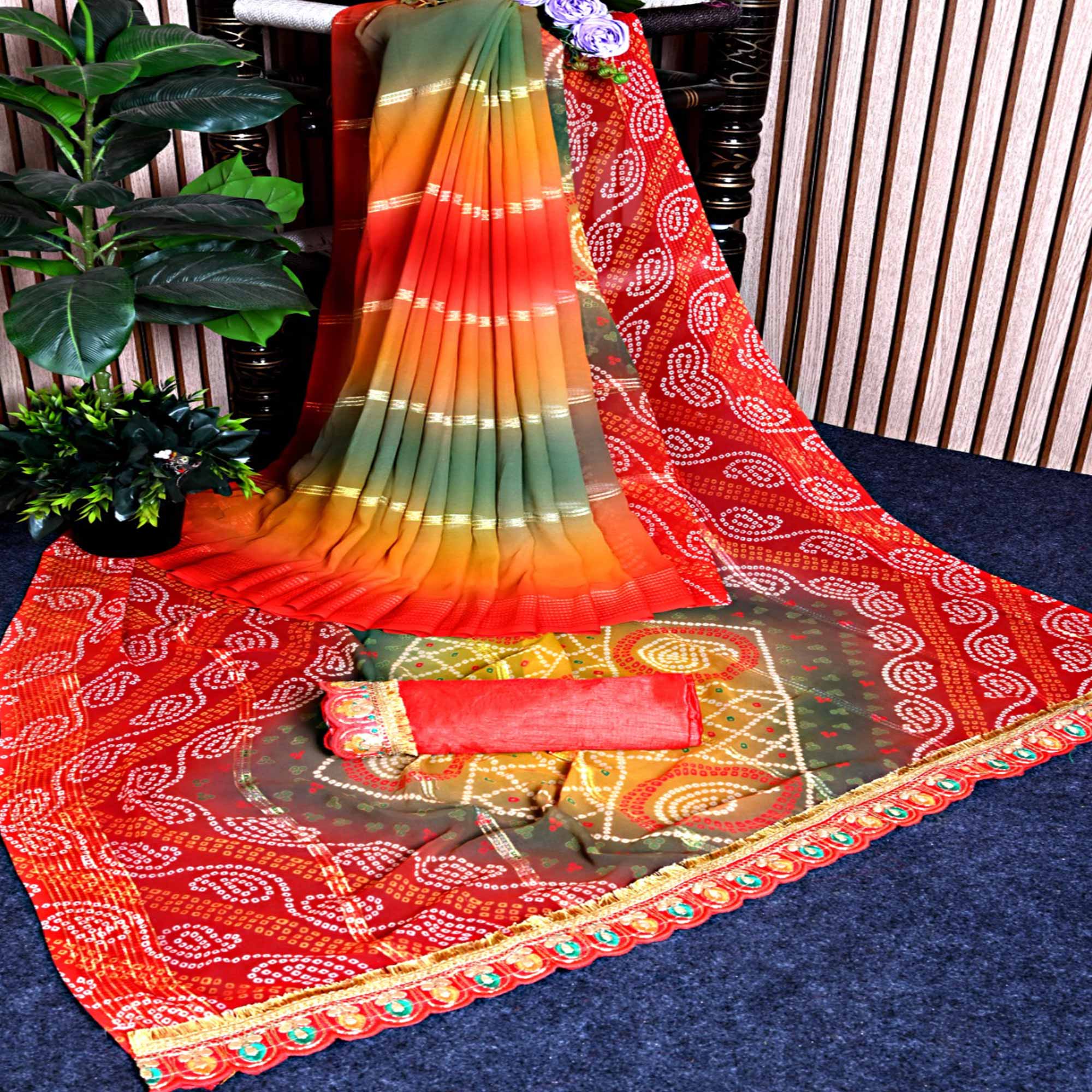 Orange Bandhani Printed Georgette Saree With Zari Border