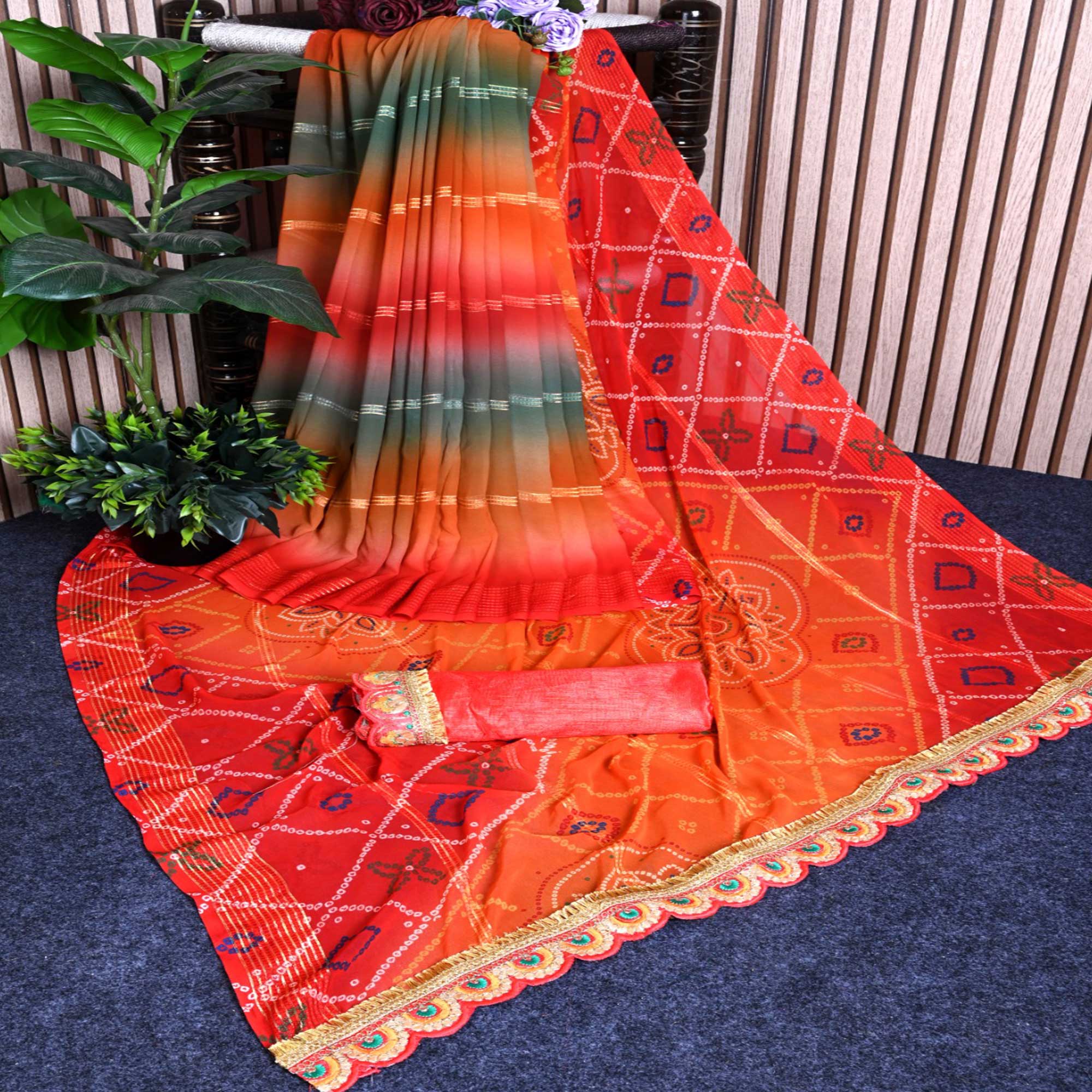 Red & Orange Bandhani Printed Georgette Saree With Zari Border