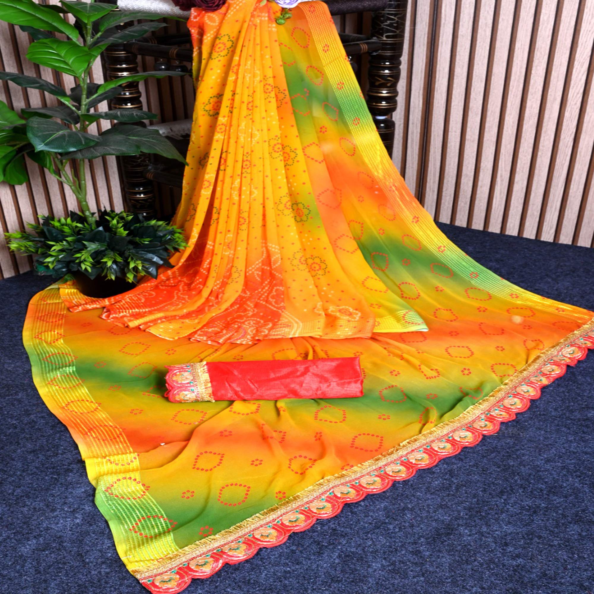 Yellow Bandhani Printed Georgette Saree With Zari Border