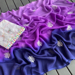 Purple & Blue Floral Embroidered Georgette Saree With Tassels