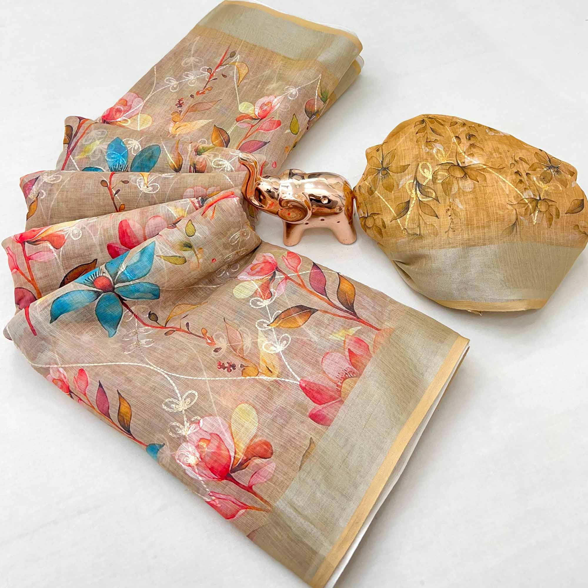 Beautiful Beige Floral Printed Saree in Lightweight Soft Linen Fabric