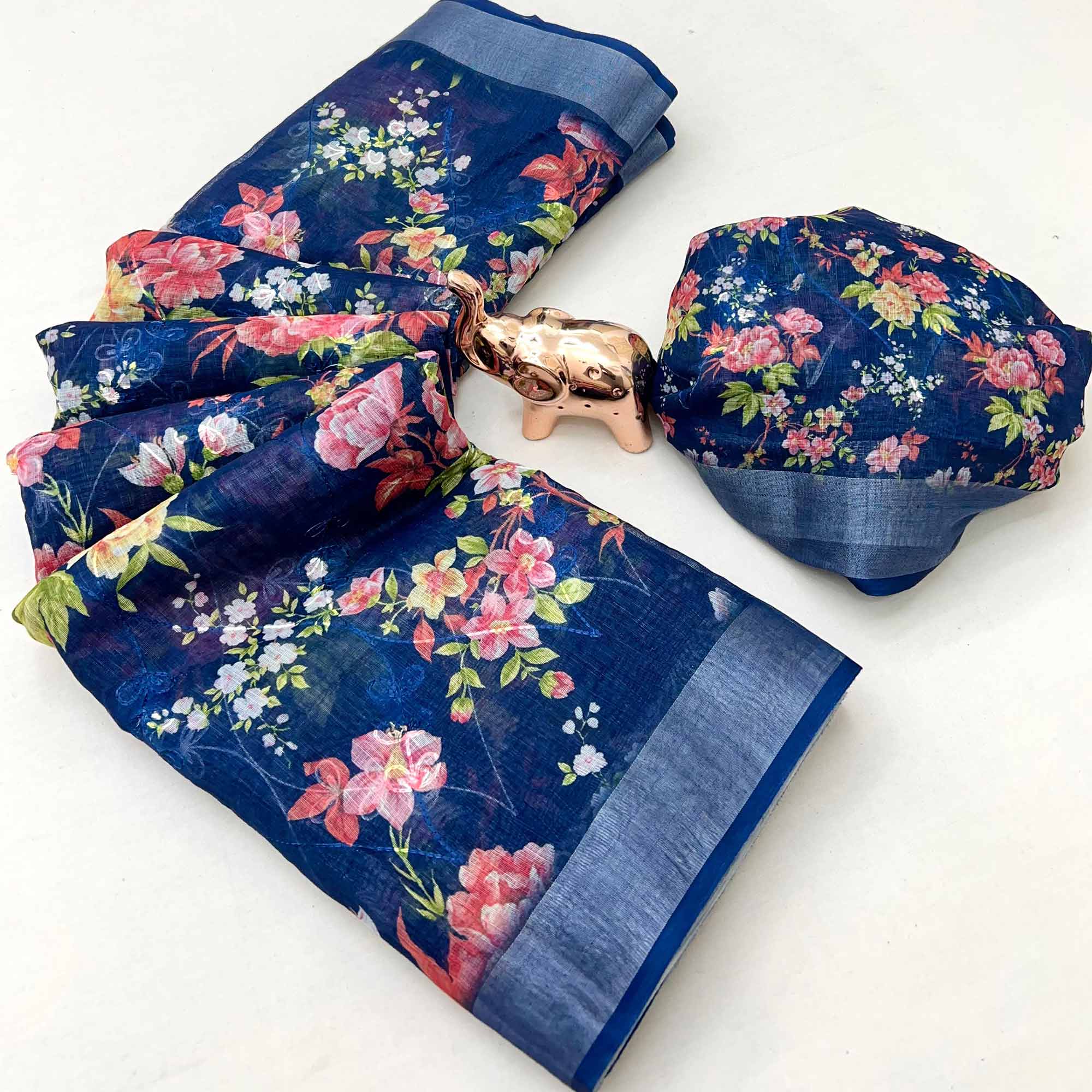 Beautiful Dark Blue Floral Printed Saree in Lightweight Soft Linen Fabric