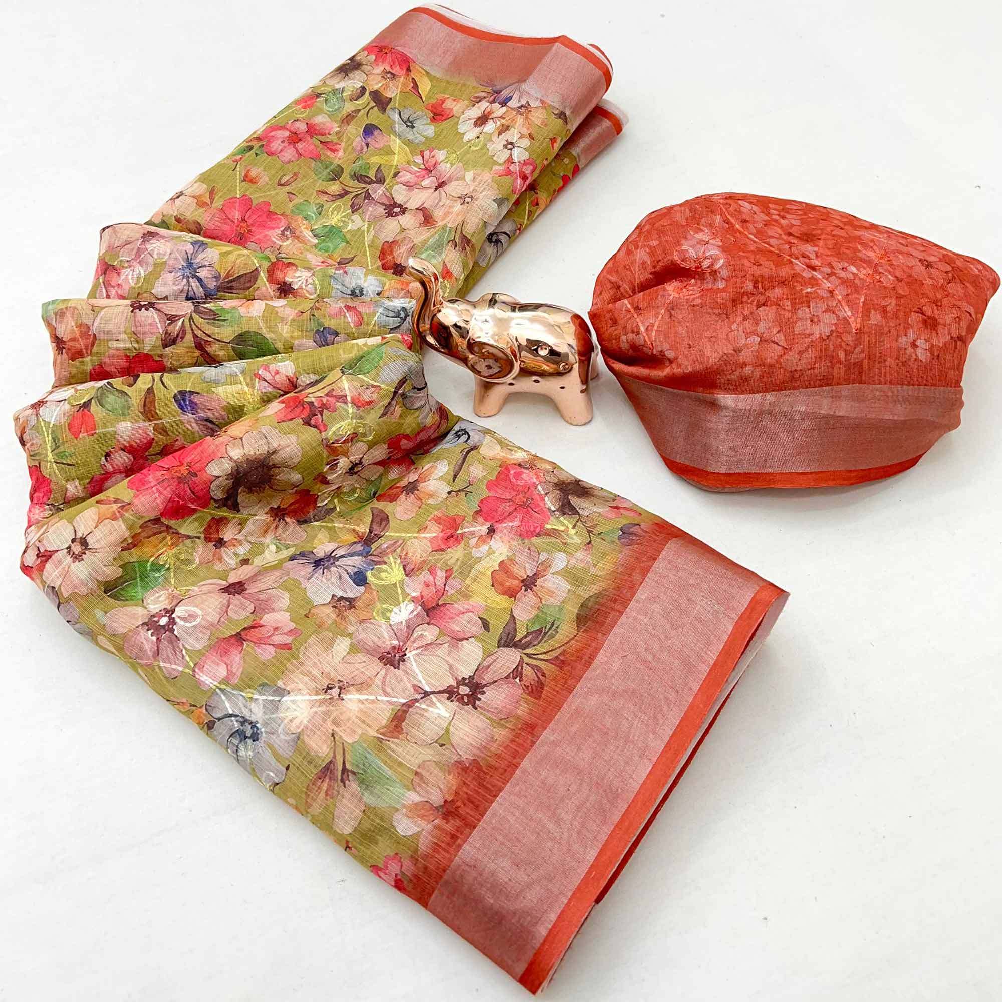 Beautiful Green Floral Printed Saree in Lightweight Soft Linen Fabric